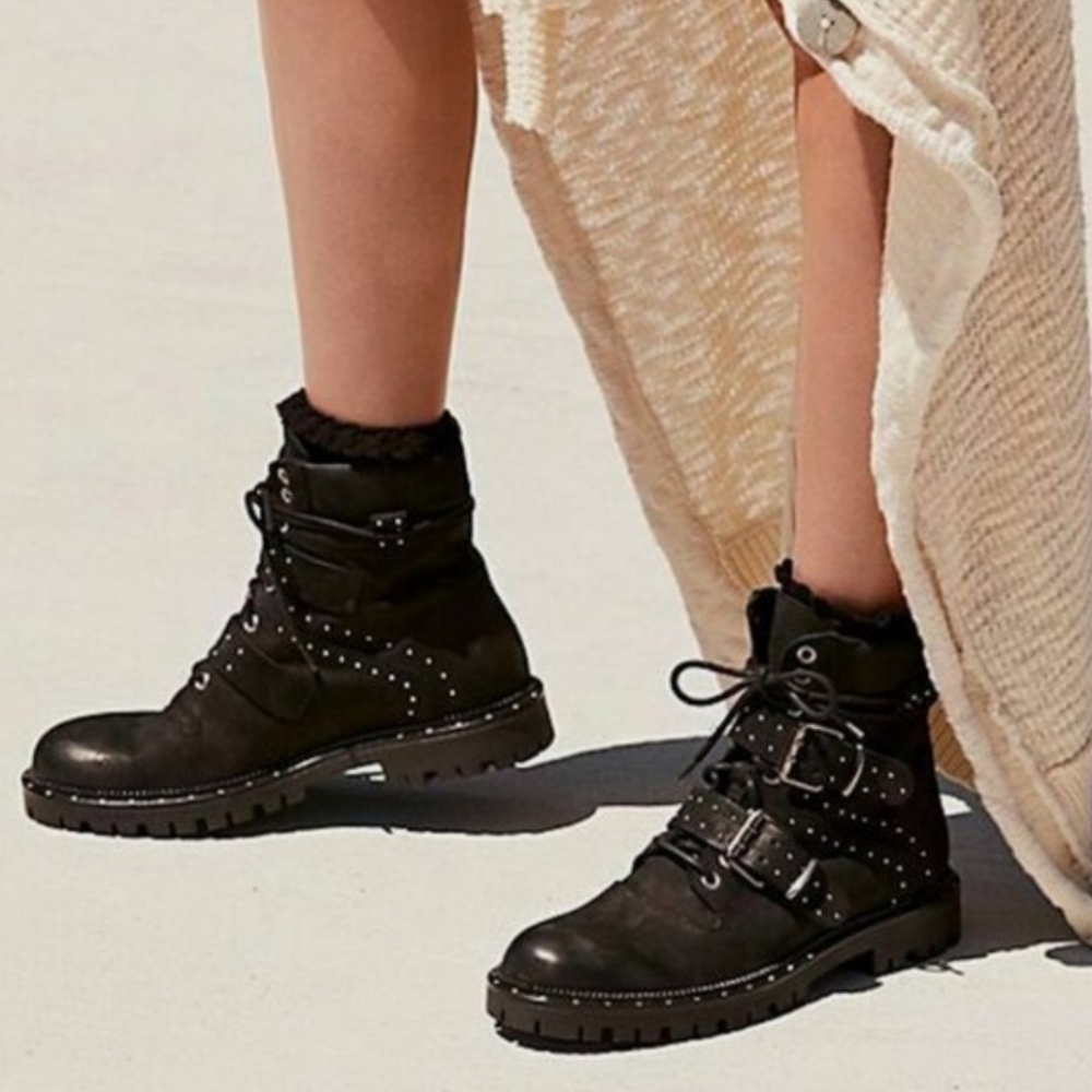 Free People Boots Mountain Brook Hiking Black Suede‎ Studded